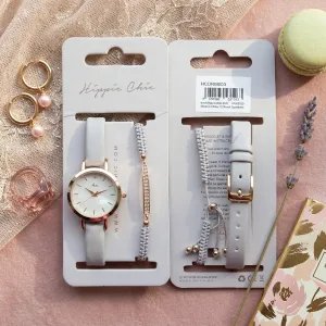 Hippie Chic Női Karóra és Karkötő Szett – Halványszürke / Rose Gold